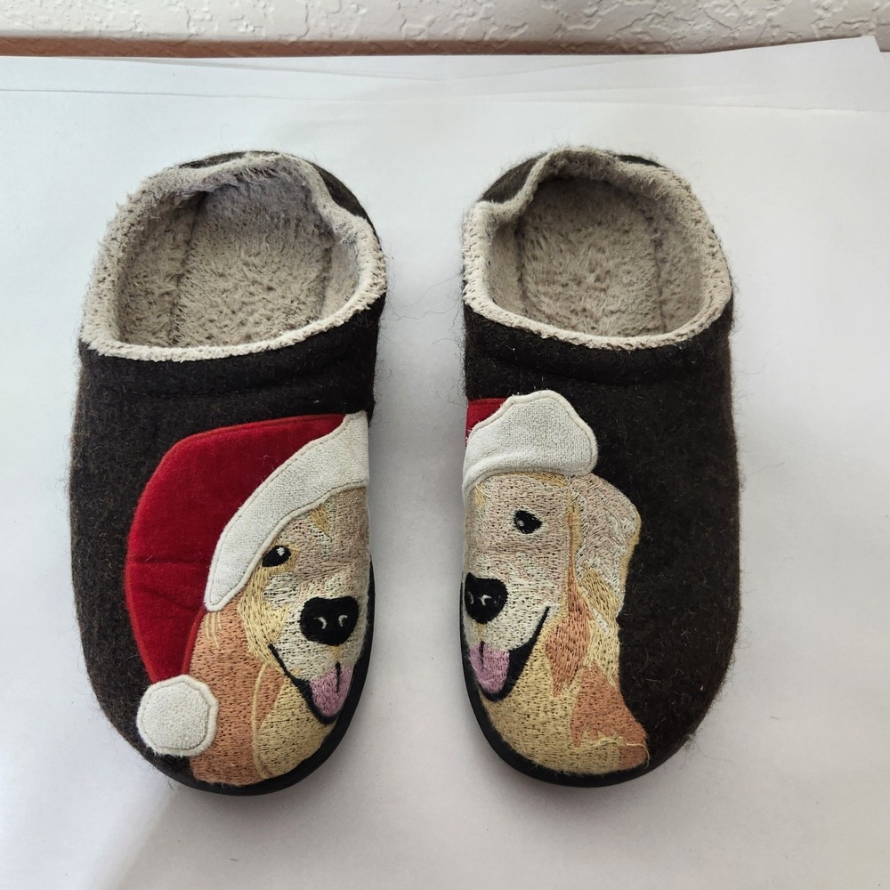 LL Bean Daybreak Scuffs Slippers Womens 8 Golden Retriever Santa Hat Brown Wool